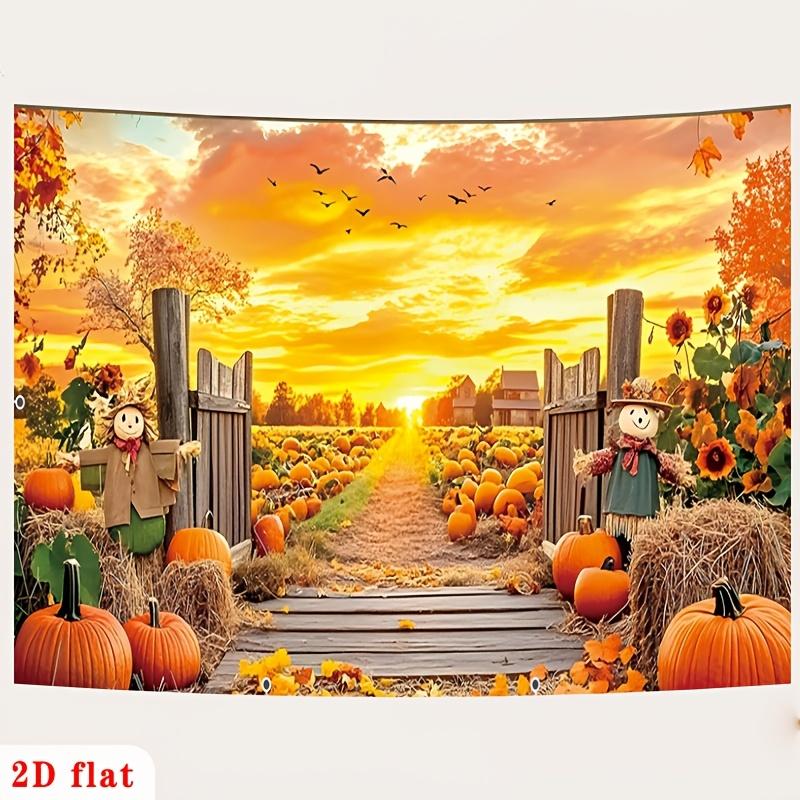 2D plane, 1 scene of the entrance of the autumn pumpkin field: warm sunset, scarecrow, wooden door, fallen leaves