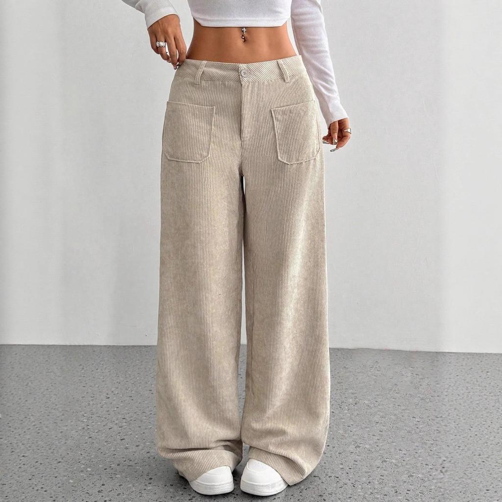 Pantalones de Pana de Pierna Ancha de Cintura Alta con Bolsillos