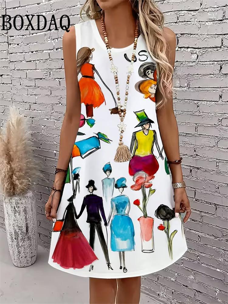 2026 Women's Dress Summer Fashion Abstract Cat Pattern Sleeveless Dress Loose Sundress Casual Graffiti 3D Print Plus Size Dress