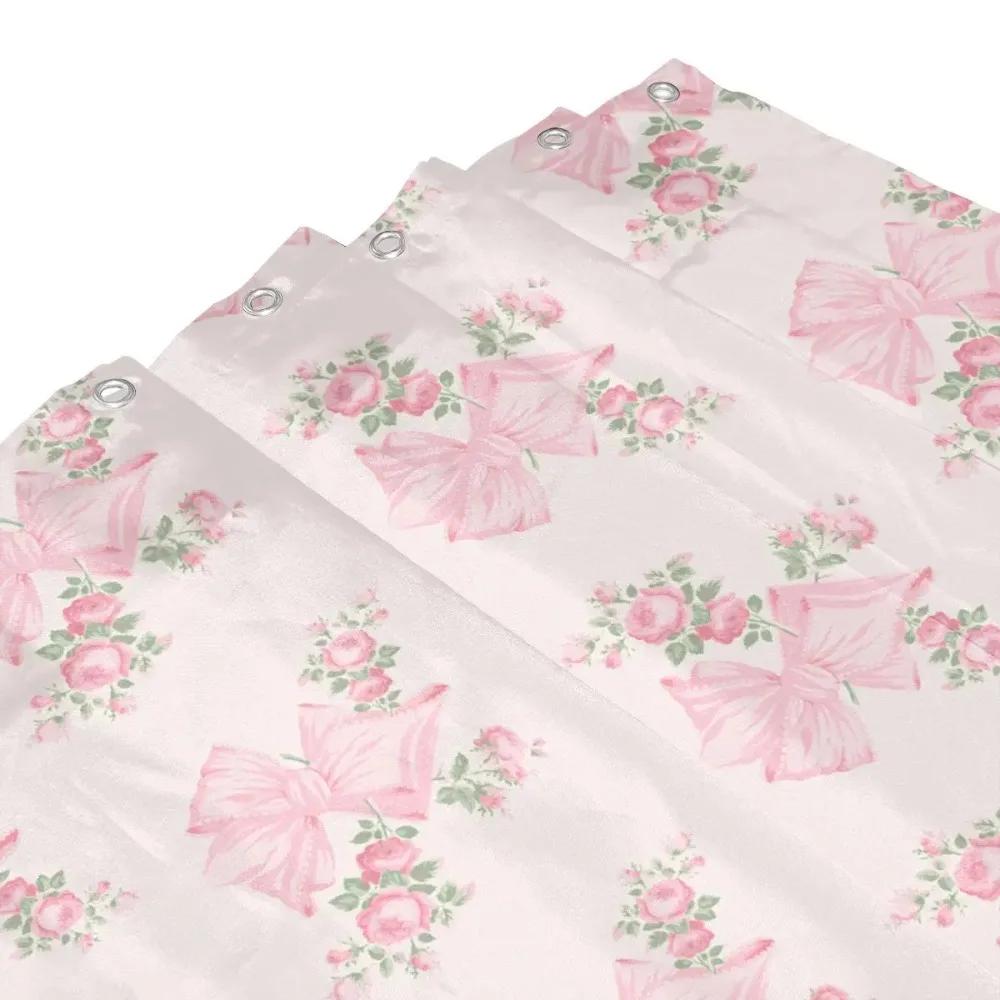 Pink Bow Floral Shower Curtain Polyester Waterproof Bath Curtain With Free Hooks Mildew Proof Bathroom Decoration