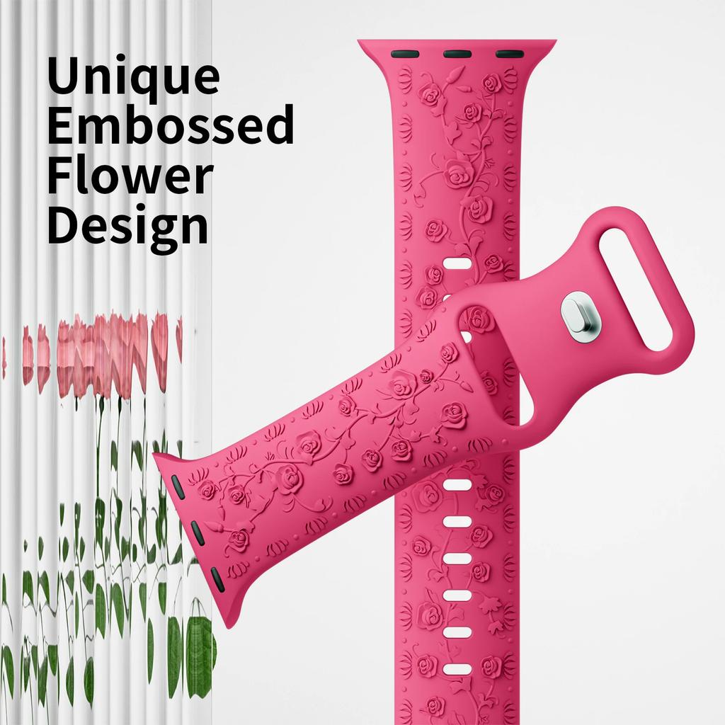 Floral Engraved Strap For Apple Watch Band 40mm 44mm 41mm 49mm 45mm 38mm 42mm Silicone Bracelet Iwatch Series 9 7 Se 6 8 Ultra 2