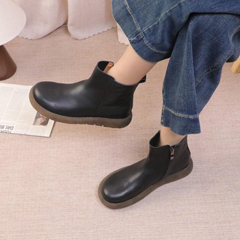 Johnature Genuine Leather Women's Short Boots Retro Side Zipper Round Toe Flat Chelsea Boots
