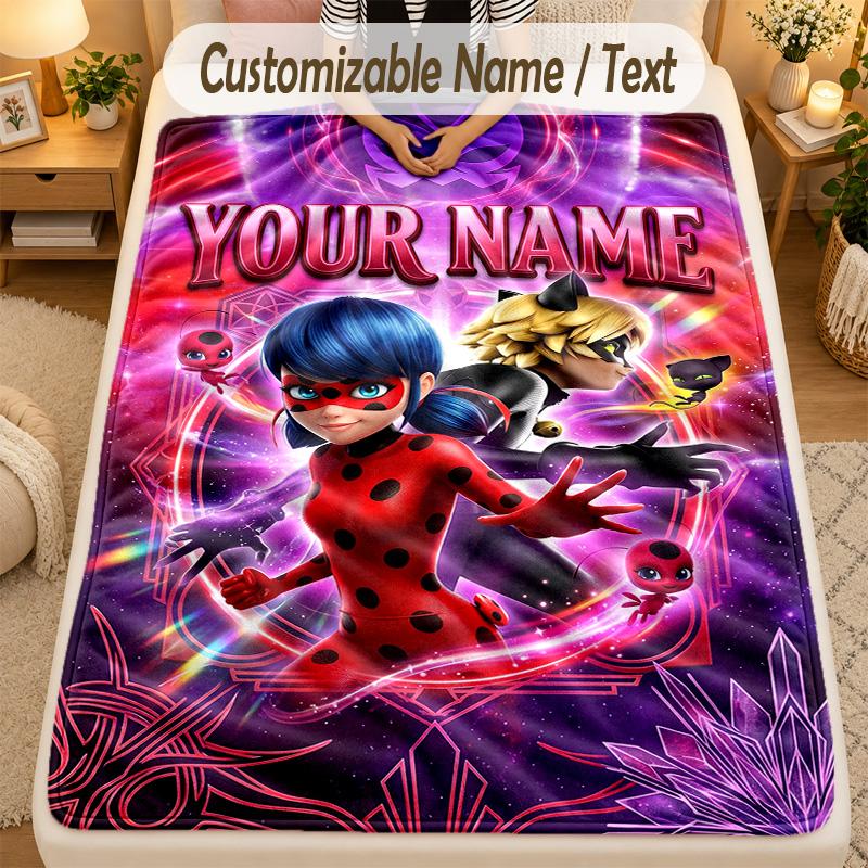 Flannel BlanketMiraculous Ladybug Custom Name Text Personalized Soft Warm Throw Blanket Home Decor Gift