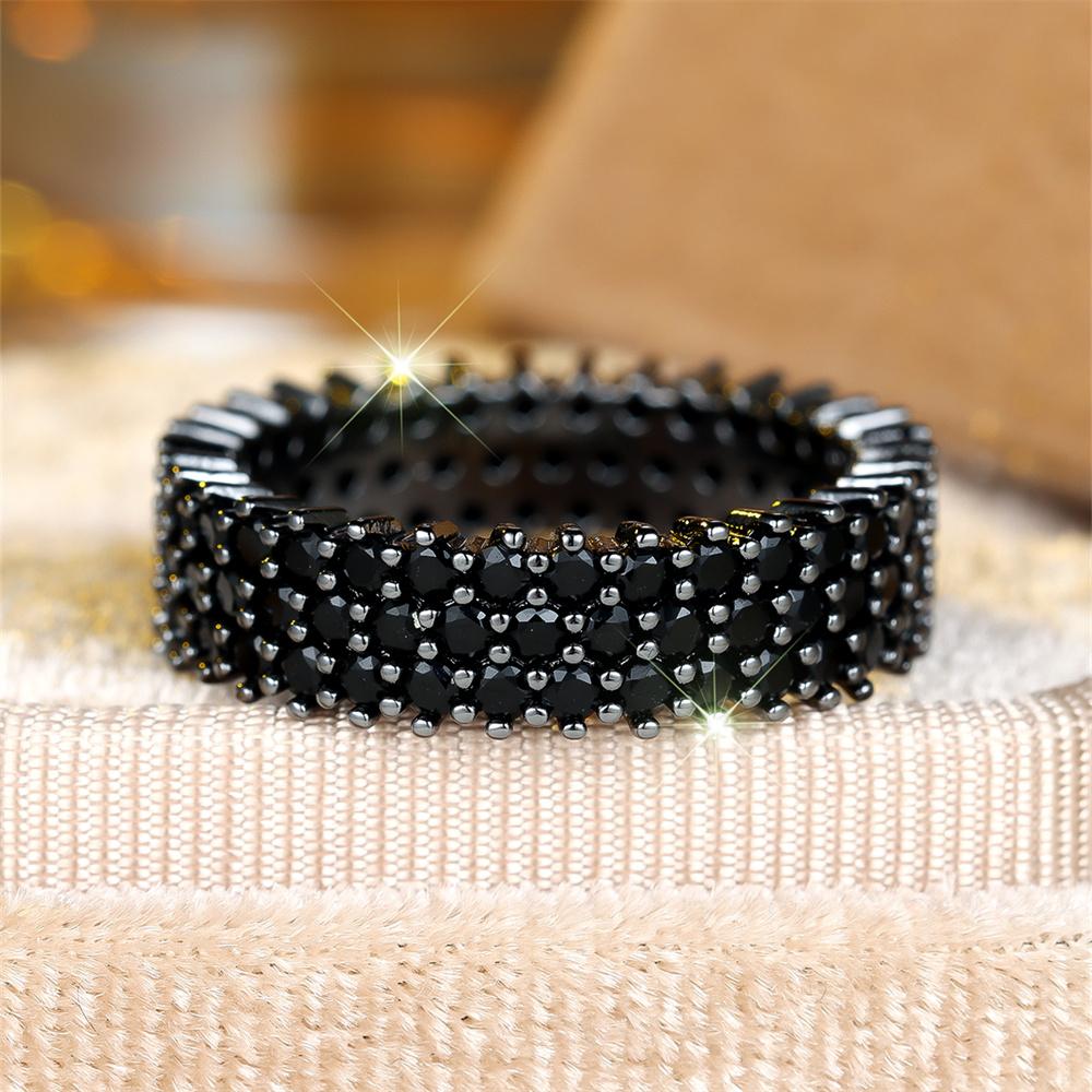 Three Row Black Zircon Tiny Round Stone Rings For Women Vintage Black Metal Engagement Ring Wedding Jewelry Bridal Birthday Gift