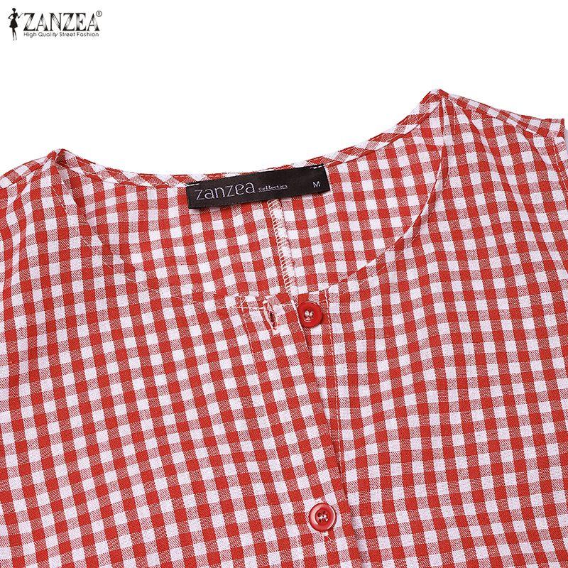 ZANZEA Women Casual Round Neck Sleeveless Plaid Print Long Dress