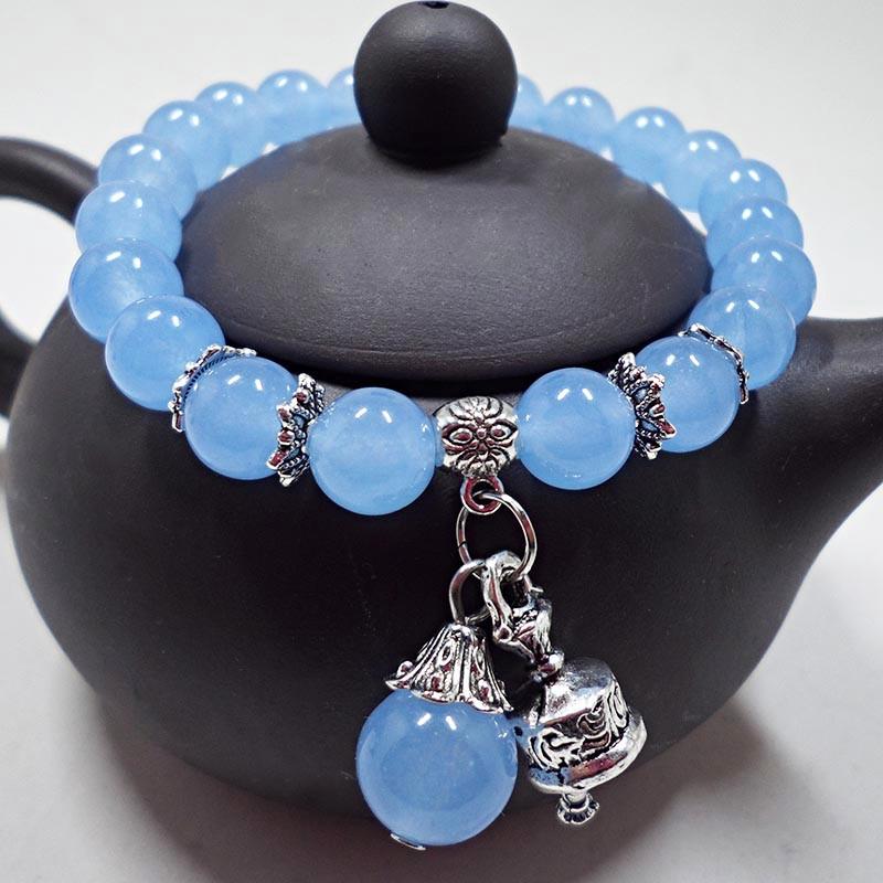 Amethyst Chalcedony Bracelet with Vajra Bell Pendant - Handmade Beaded Jewelry for Women