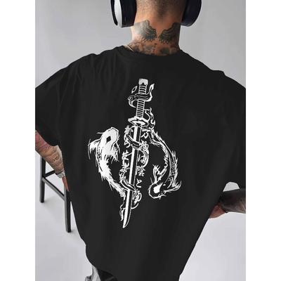 Men's Natarajan Style Fish Print T-Shirt - Loose Fit Streetwear Summer Short Sleeve Tee with Sword & Aquatic Design, Machine Washable Top