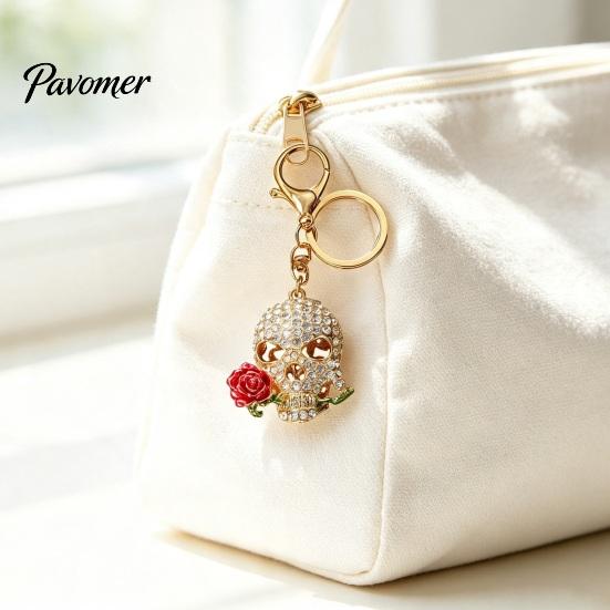 Gothic Skull Keychain Holding Rose Rhinestone for Halloween, Skeleton Bling Head Key Ring, Chain Accessory Handbags Backpacks