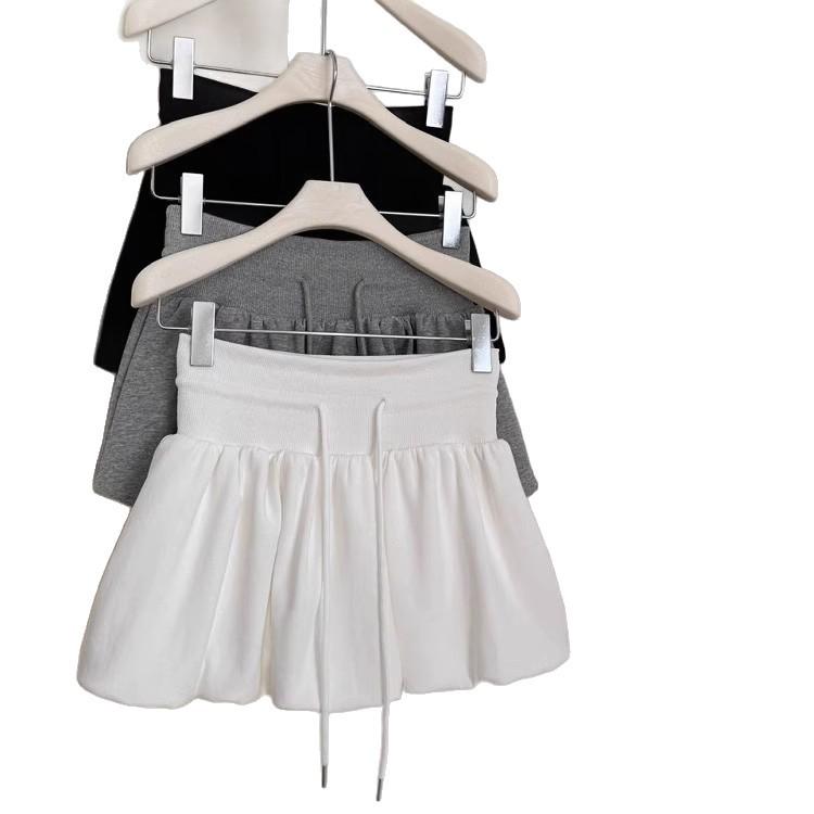 White Flower Bud A-line Skirt Pants for Women - Casual, Versatile, Elastic Mid-Waist, Puffy and Short for Summer