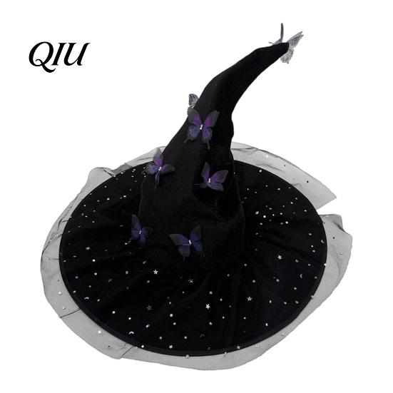 Witch Hat for Halloween Costume Women, Large Glitter Sequins Mesh Wizard Lightweight Polyester with Butterfly Accessory, Cosplay Black Hats Women
