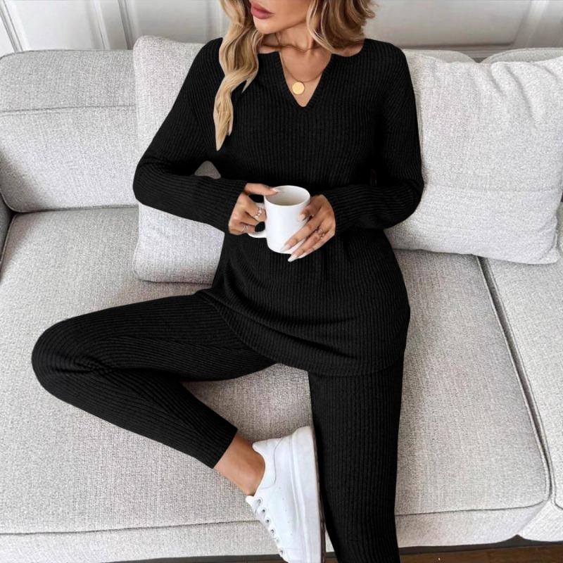 Women V Neck Long Sleeve Thin Casual Two Piece Loungewear Set With Long Pants