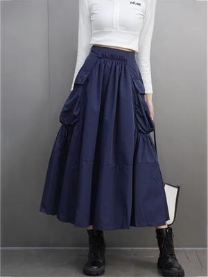 Pocket Patchwork Folds Solid Color Skirt GMM1341