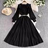 Elegant Women Long Dress Autumn Chiffon Patchwork Lace Hollow Out Lantern Sleeve O Neck Party Robe With Black Pearl Belt