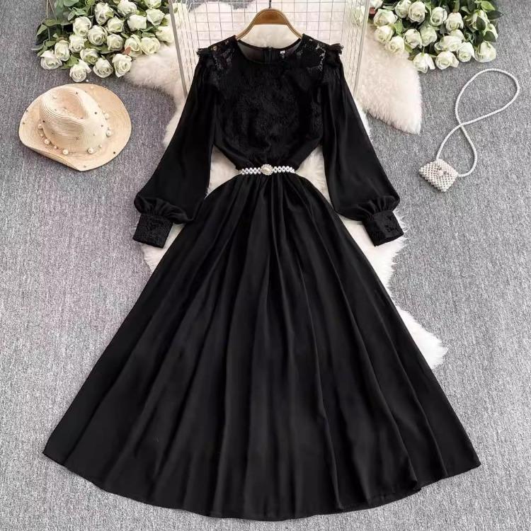 Elegant Women Long Dress Autumn Chiffon Patchwork Lace Hollow Out Lantern Sleeve O Neck Party Robe With Black Pearl Belt