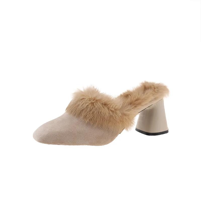 

Fashion Home Furry Fur Slides Plush Slippers Fluffy Flip Flops Luxury High-heeled shoes Women Fashion Shoe 2025 Zapato De Mujer Designer 35 бежевый