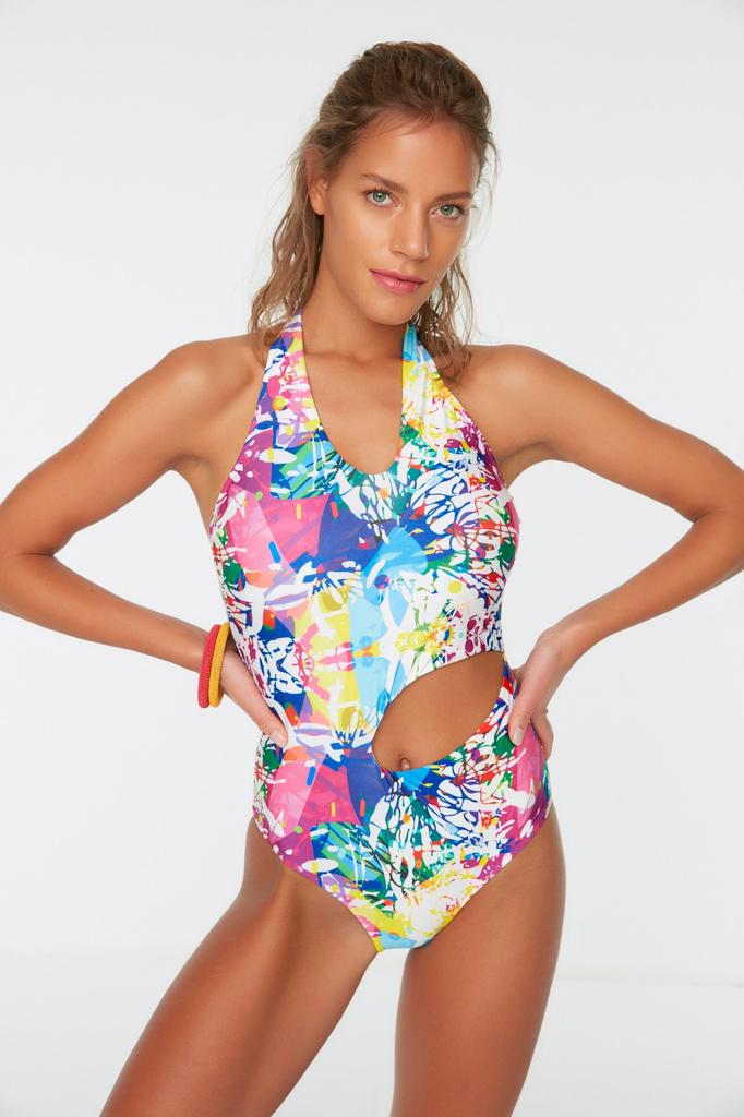 Women's New Season Swimsuit Tropical Patterned One Shoulder Cut Out Window Normal Leg Swimsuit