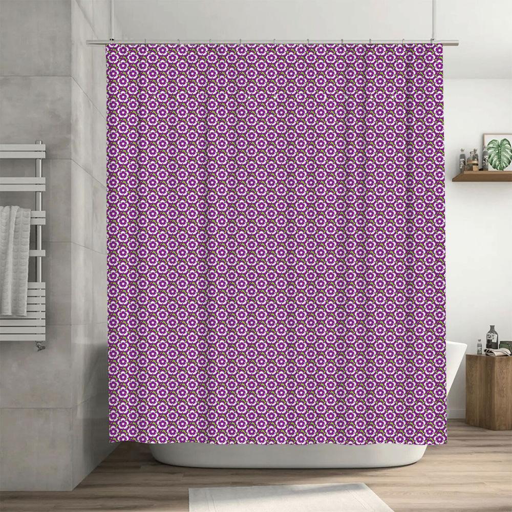 Pink Floral Shower Curtain With Green Border: Printed Bathroom Decor Modern Home Textiles For Bathtub Or Room Decoration (Purple