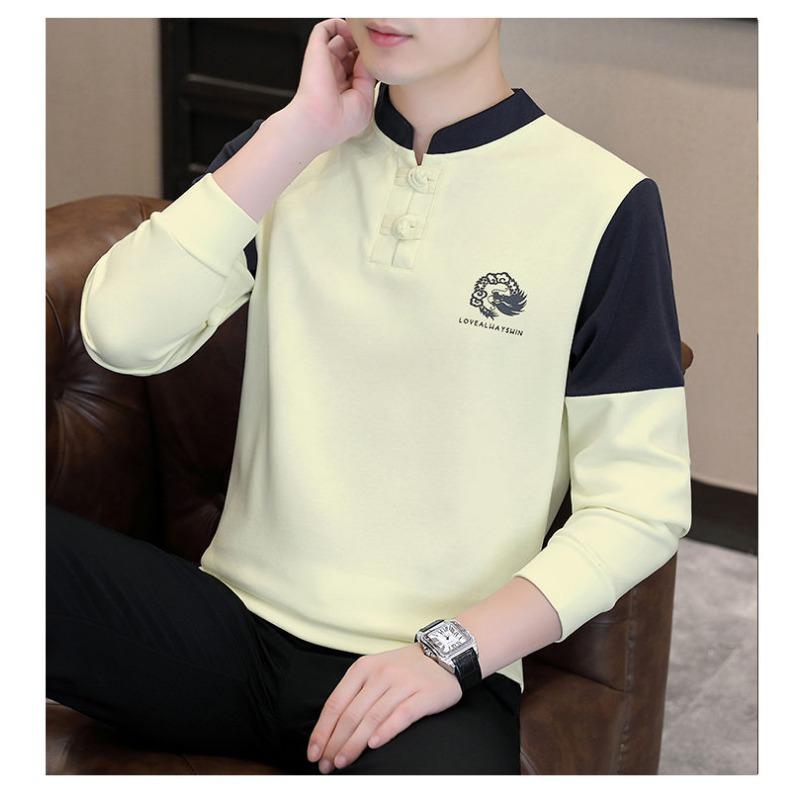 

Осень Новая Толстовка в китайском стиле для мужчин Воротник-стойка Пуловер Ретро Повседневный Тренд Приталенная Футболка с длинным рукавом Базовая рубашка L бежевый