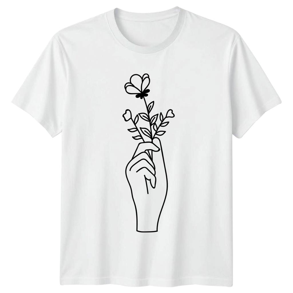 Graceful Hand Holding Flowers Unisexs TShirt Line Art Floral Birthday Gift