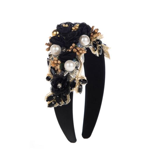 Women Heaband Fake Flower Faux Pearl Shiny Rhinestone Decor Wide Vintage Luxury Anti-slip Colorful Hair Hoop Anti-slip Hair Decoration Accessory