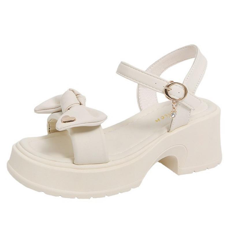 Korean Tide High Heels Women's Summer New Fashion Versatile Bow Comfortable Word with Thick Heel Sandals Women