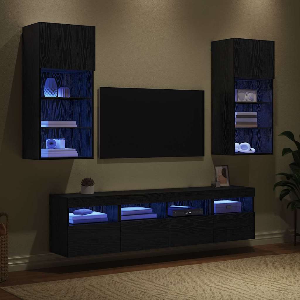 Wall Mounted TV Unit with LED Lighting 5 Pcs Black Oak Effect