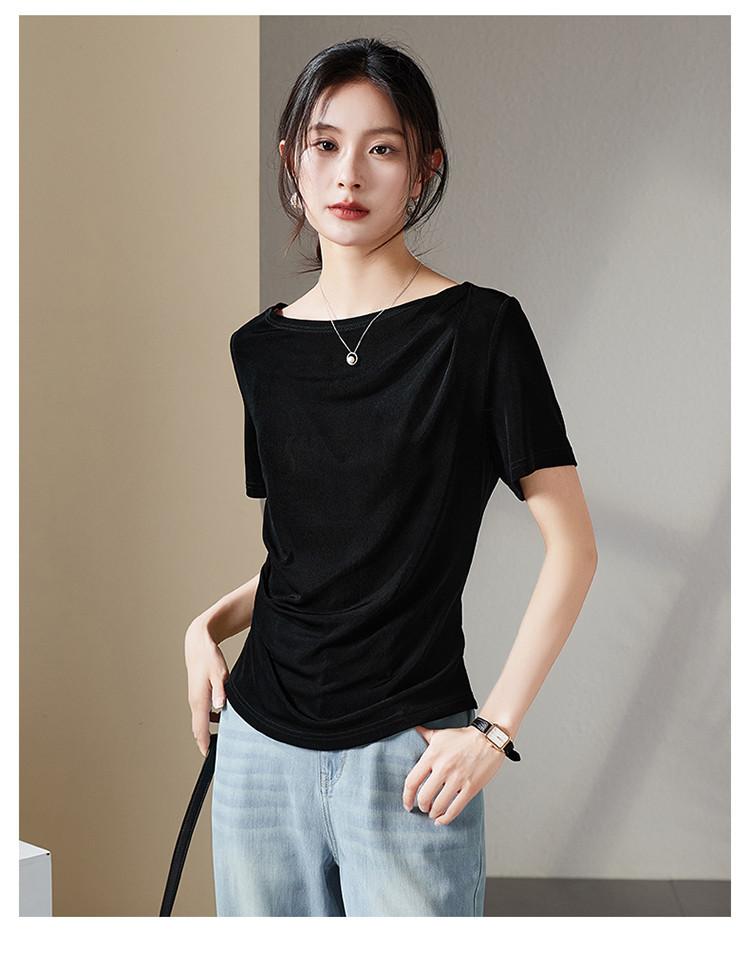 One collar vinegar fiber short sleeved T-shirt for women in 2026 summer, versatile and slimming, pleated waist cinching top