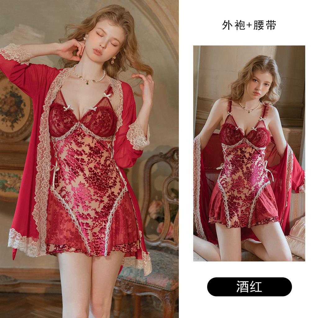 Women's Burnout Lace Mesh Lace Up Padded Sleep Dress with Robe Lounge Set