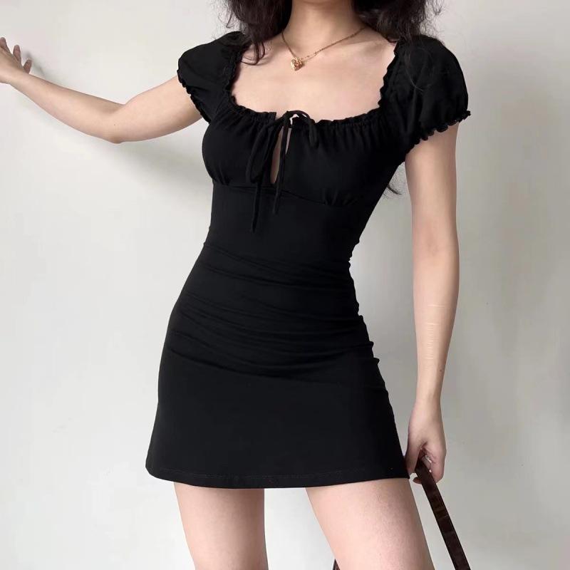 American Retro Chest Hollow Lace-up Bubble Sleeve Dress Women's Summer Square Neck Waist Skirt