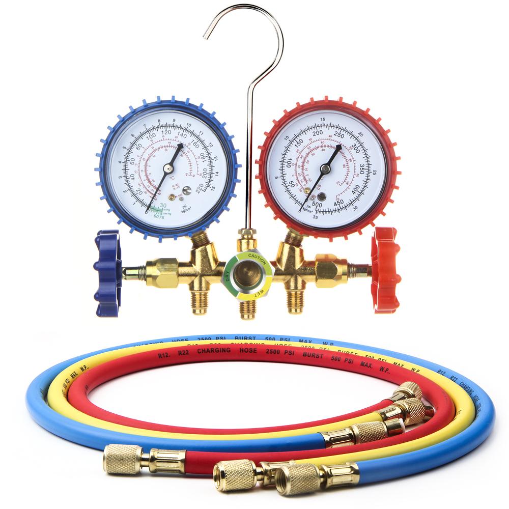 

R134 R22 Комплект манометров для коллектора HVAC A/C Заправка холодильного оборудования со шлангами Регулируемые муфты Адаптер Can Tap