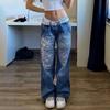 VIONA Street Style Damenbekleidung, Unregelmäßig Bedruckte Lockere Hosen, Niedrig geschnittene Plissierte Gewaschene Used-Look Mehrfarbige Jeans