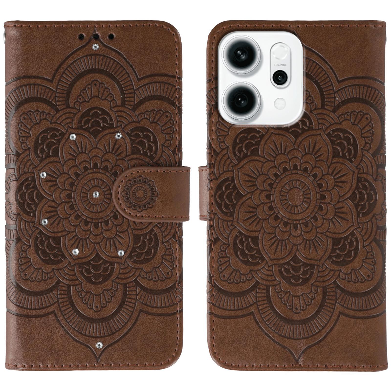 

For Oppo Reno14 F 5G Case Rhinestone Decor PU Leather Mandala Imprinted Design Phone Cover with Wrist Strap Brown