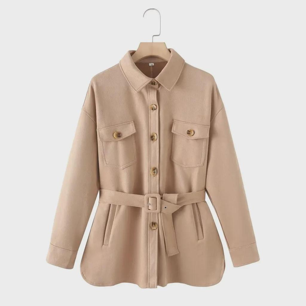 Women's Suede Lapel Jacket & Elastic Waist Straight Pants Set