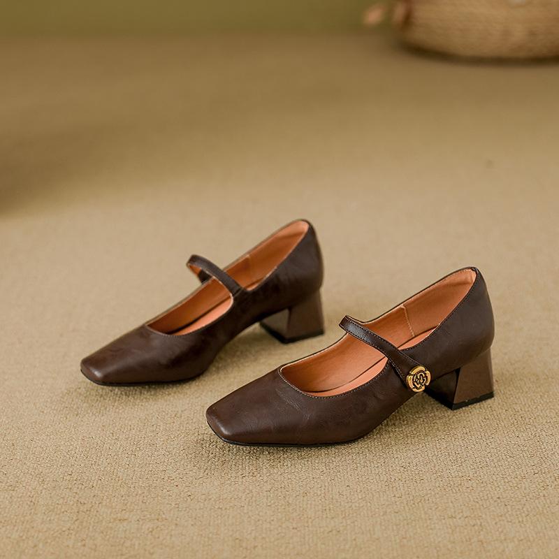 Leather high heels women's retro Mary Jane thick heels single shoes women's fashion 2025 spring new women's wear high sense