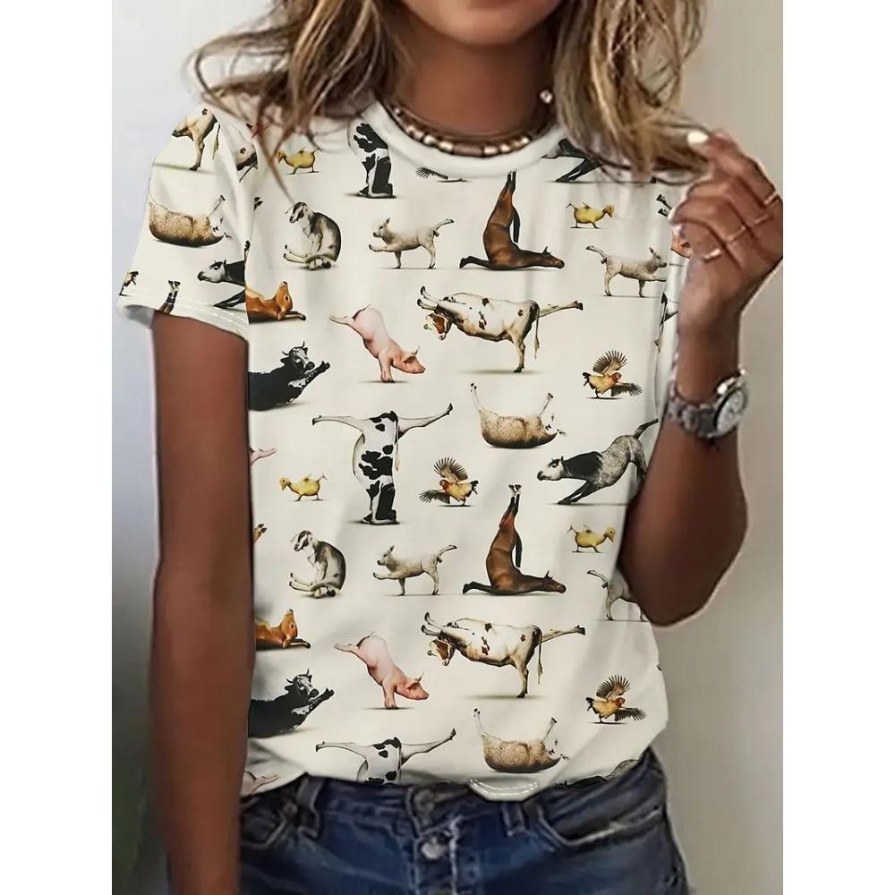 3D printed pattern T-shirt, summer and spring short sleeved round neck casual top, women's clothing