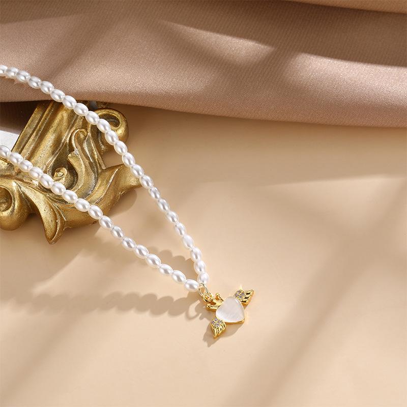 Freshwater Pearl Angel Love Necklace Women'S Light Luxury High-End Sense Opal Pendant Exquisite Collarbone Chain