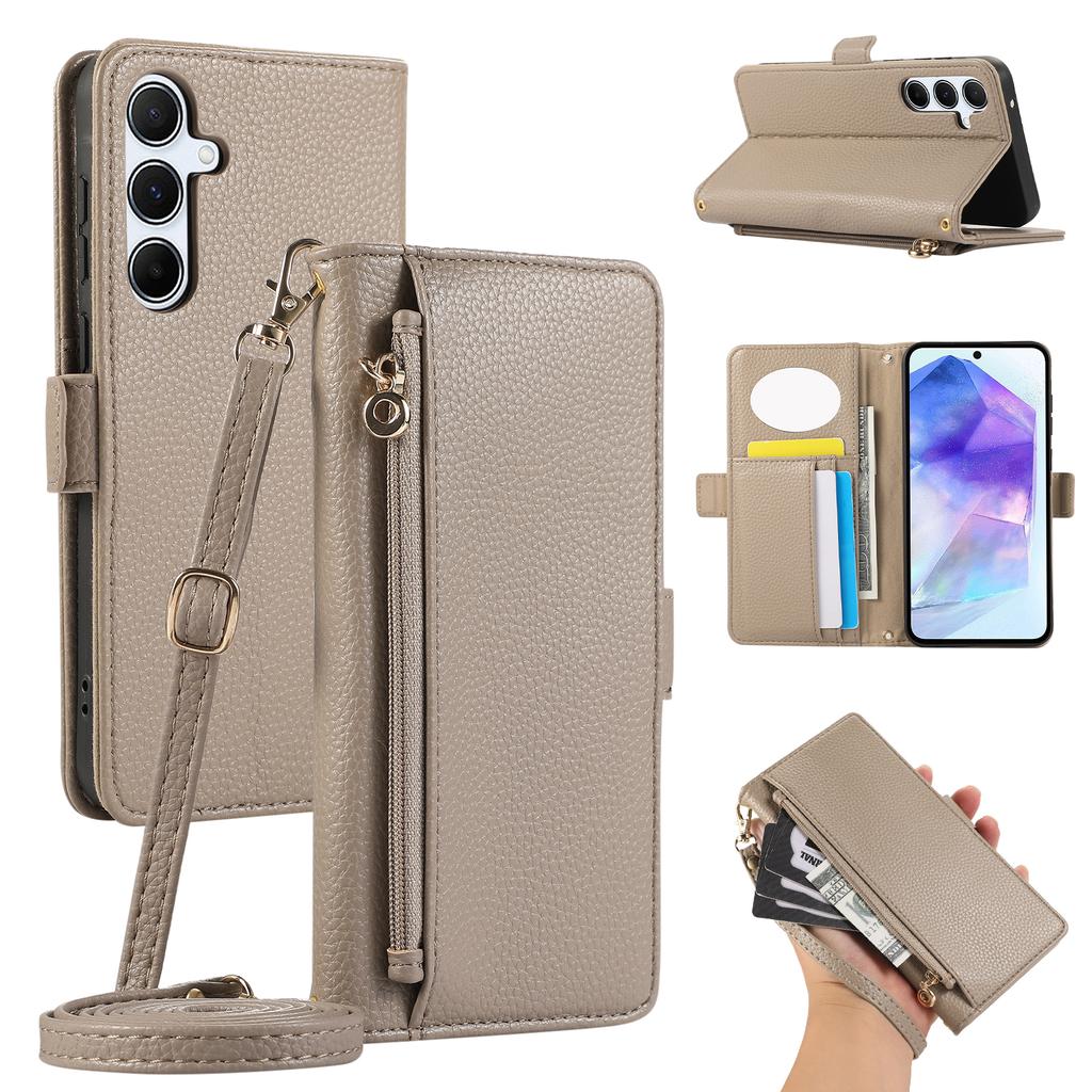 For Samsung Galaxy A55 5G Wallet Phone Case Shockproof TPU+PU Leather Flip Cover with Mirror,Strap