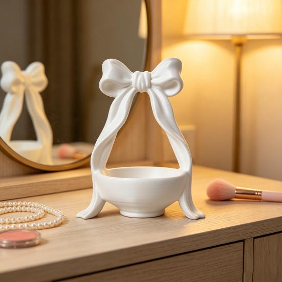 3D Printed Bow Jewelry Organizer Stand Ribbon Bow Knot Trinket Holder for Necklaces Bracelets Earrings Rings Decorative Vanity Storage Dish for