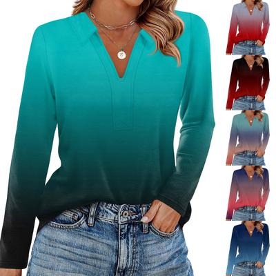 Damenmode Lässig Revers Kurz Langarm Druckhemd Damen V-Ausschnitt Tops