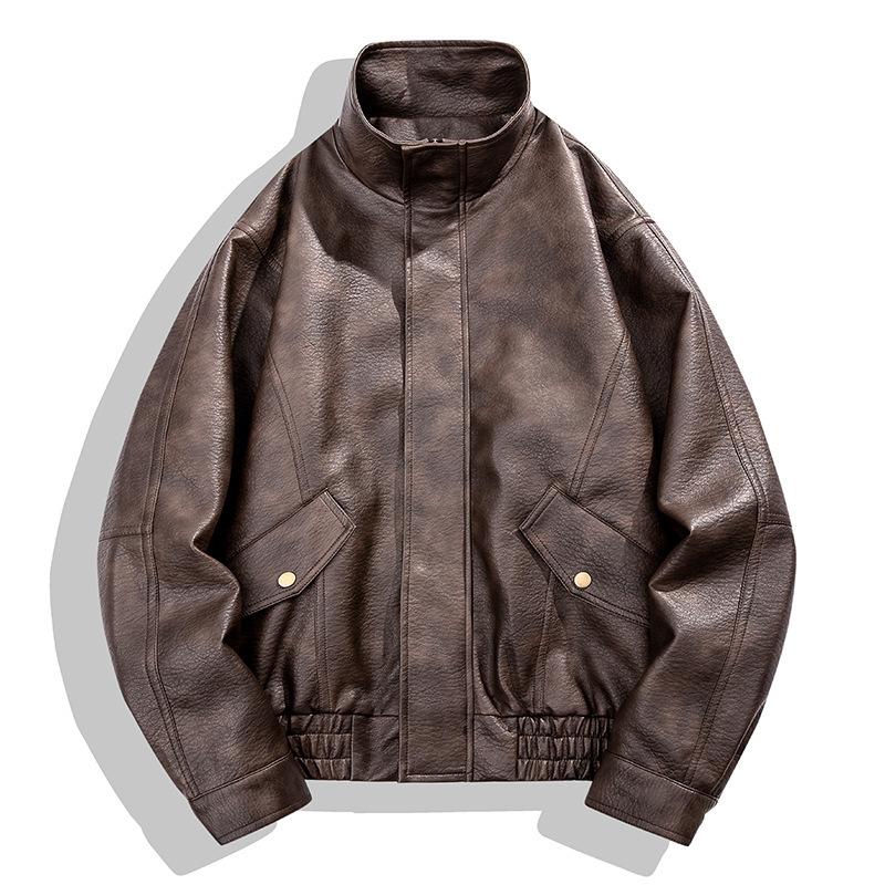 Mens Pu Leather Jacket Stand Collar Loose Retro Motorcycle Casual Outerwear
