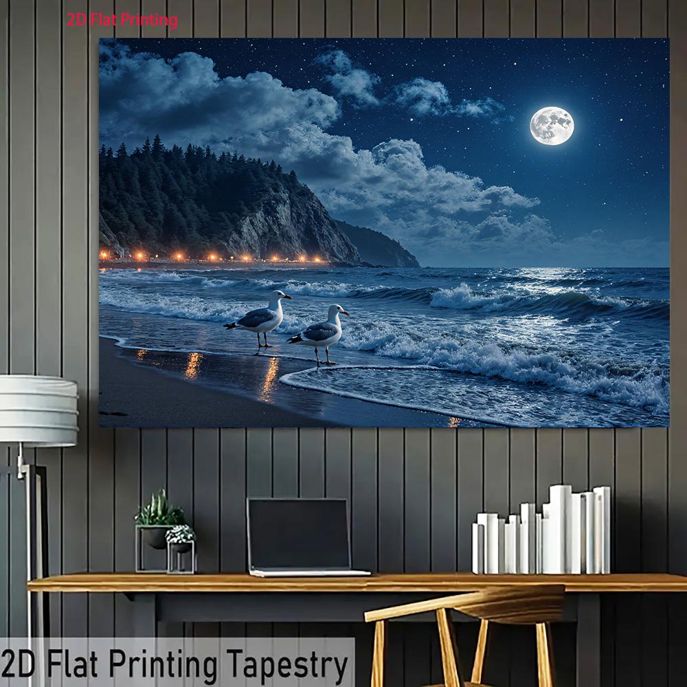 2D plane banner background featuring night-time beach waves and seagulls family gathering polyester fiber