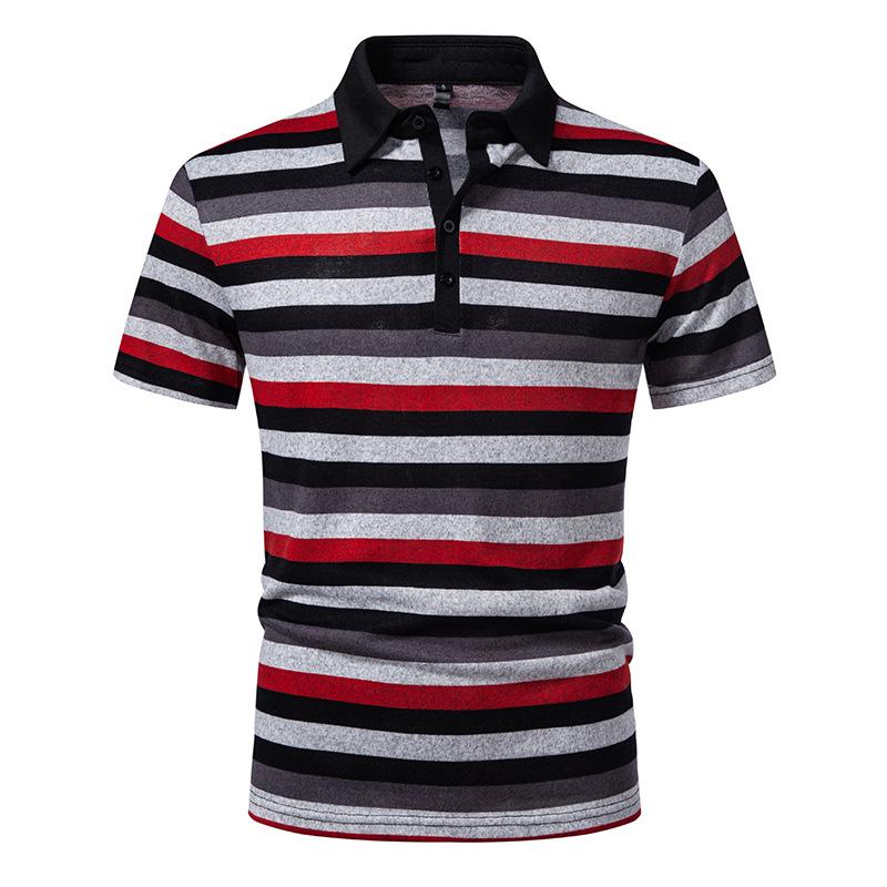 Men's Multicolor Stripe Polo Shirt - Contrast Black Collar 4-Button Placket Casual Retro Style Short Sleeve Top In Bold Tones