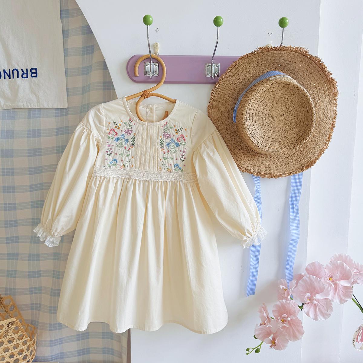 

Mori Retro Floral Embroidered Girls Princess Dress with Lace Trim - Long Sleeve, Autumn 2025 Style 100 cm абрикосовий