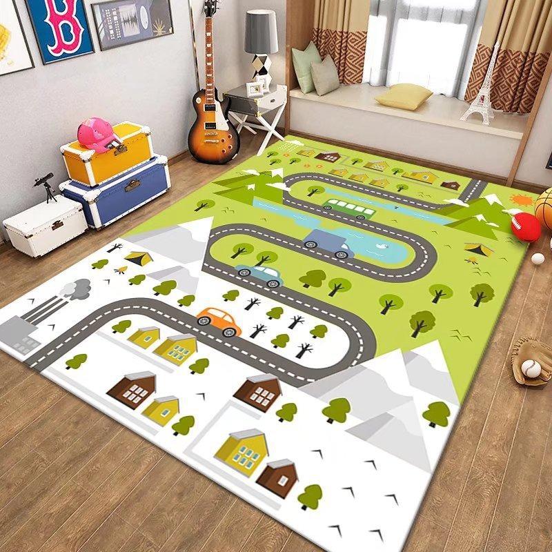 Kids Parking Lot Traffic Game Carpet Boy Car Cartoon Road Track Carpet Driveway Floor Mat Kids Game Crawl Floor Mat Home Decor