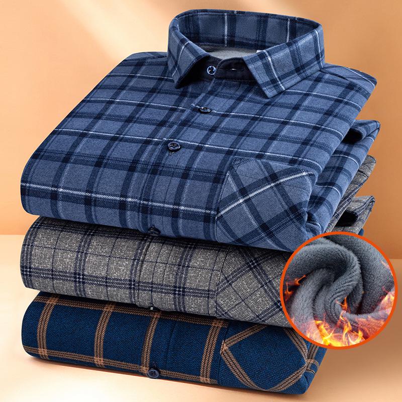 Men's Plaid Brushed Velvet-Lined Long-Sleeve Winter Shirt - Warm Autumn & Winter Top for Middle-Aged and Young