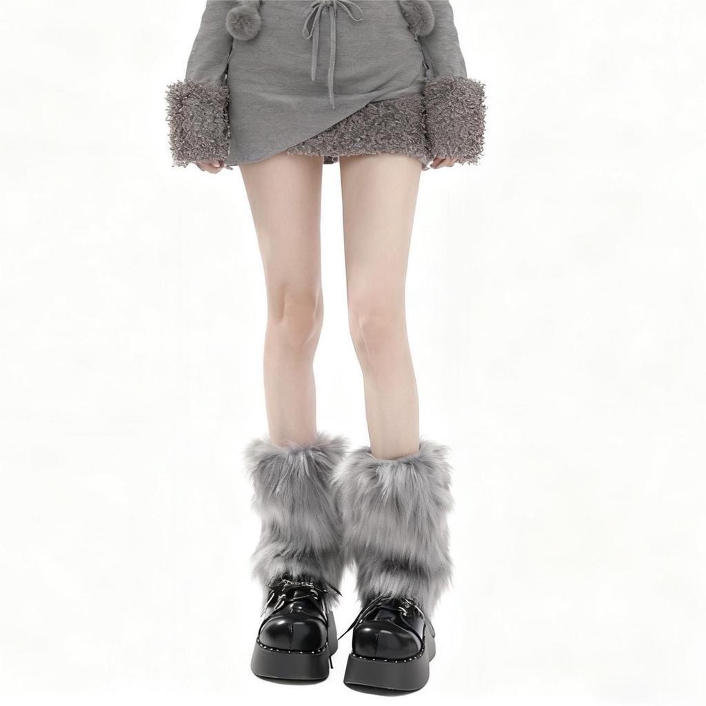 y2k Plush thickened warm leg warmers for autumn and winter, faux fur leg covers, retro subculture style, fluffy and plush