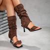 2026 Europäischer & Amerikanischer Stil Braune Wildleder High-Heel Sandalenstiefel: Damen Offene Zehenpartie Schlankmachender Knöchelriemen, Vielseitige Mode