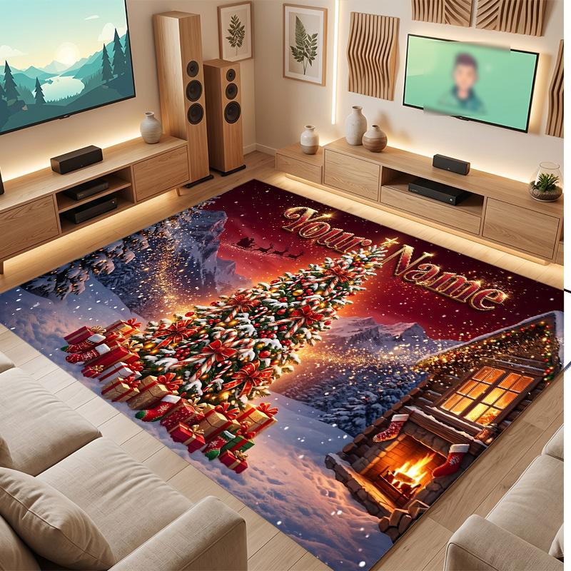 Weicher Kristall-Samt-Teppich mit Weihnachtsmotiv, individuell bedruckbar mit Namen & Text, rutschfester Bodenläufer für Schlafzimmer, Wohnzimmer
