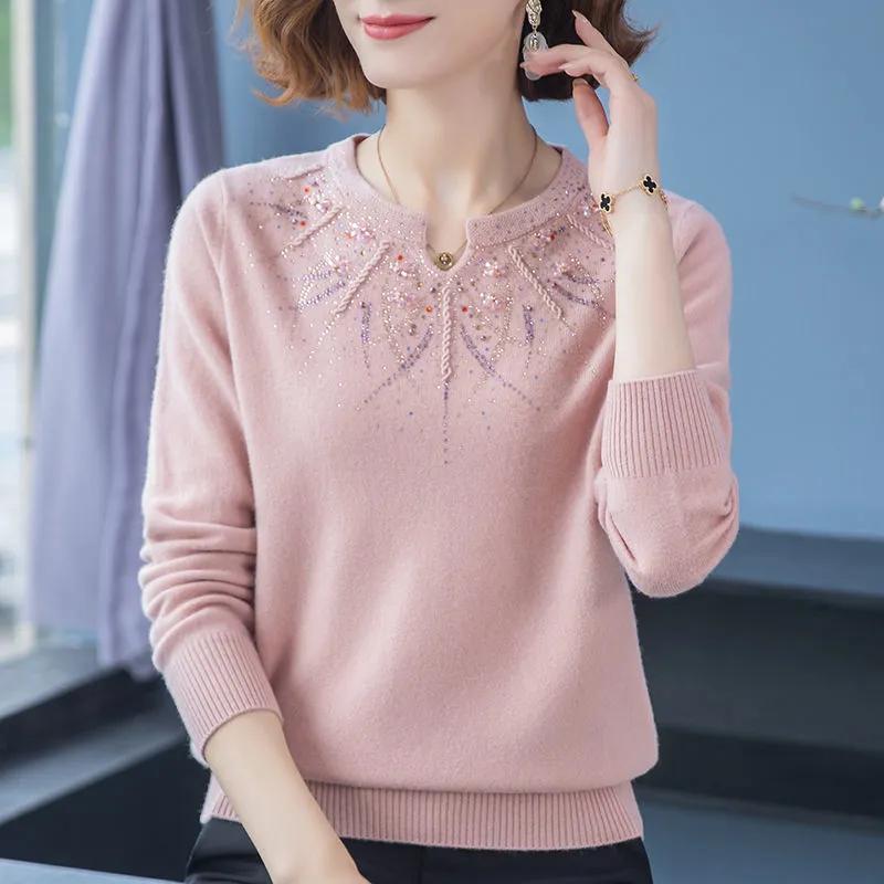 Autumn Winter Imitation Cashmere Knitted Sweater Embroidered with Diamonds Women's Loose Oversized Base Sweater