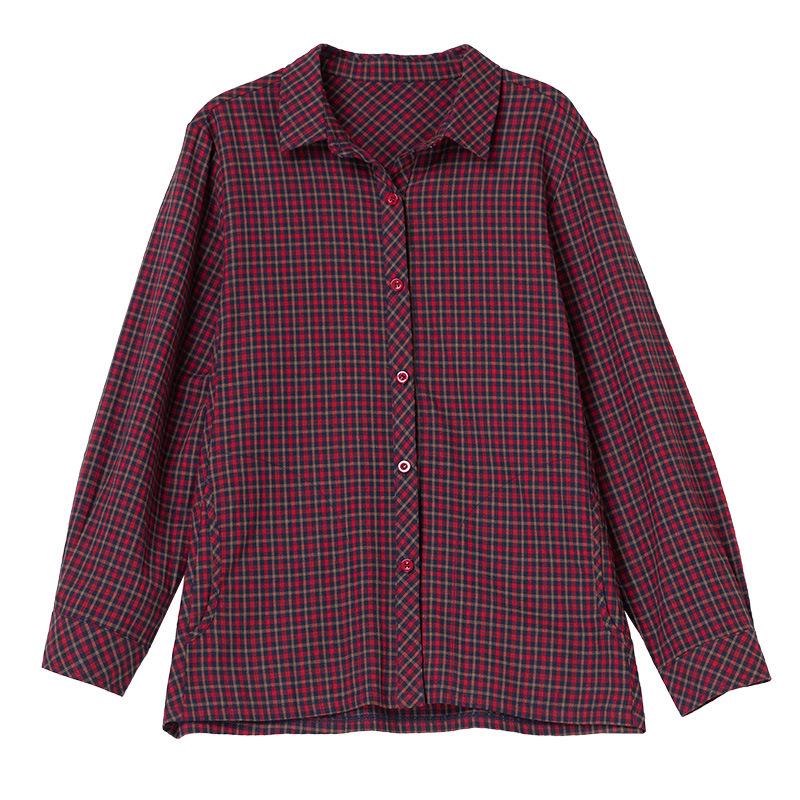 2025 New Autumn Plaid Cotton Shirt for Middle-Aged & Elderly Women - Plus Size, Turn-Down Collar, Cotton Linen